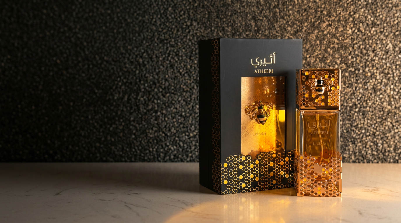 Perfume Atheeri Lattafa com sua embalagem preta e dourada