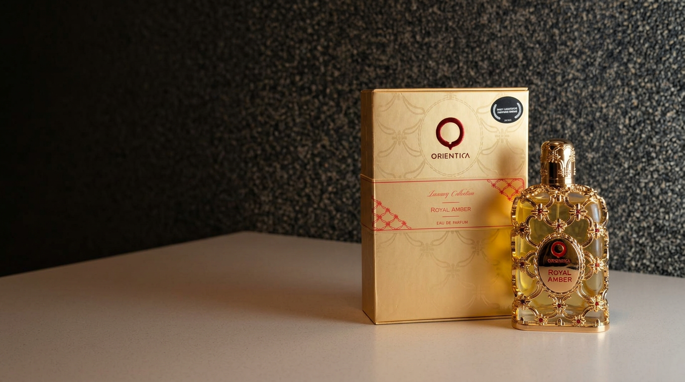 Perfume Royal Amber Orientica com sua embalagem dourada